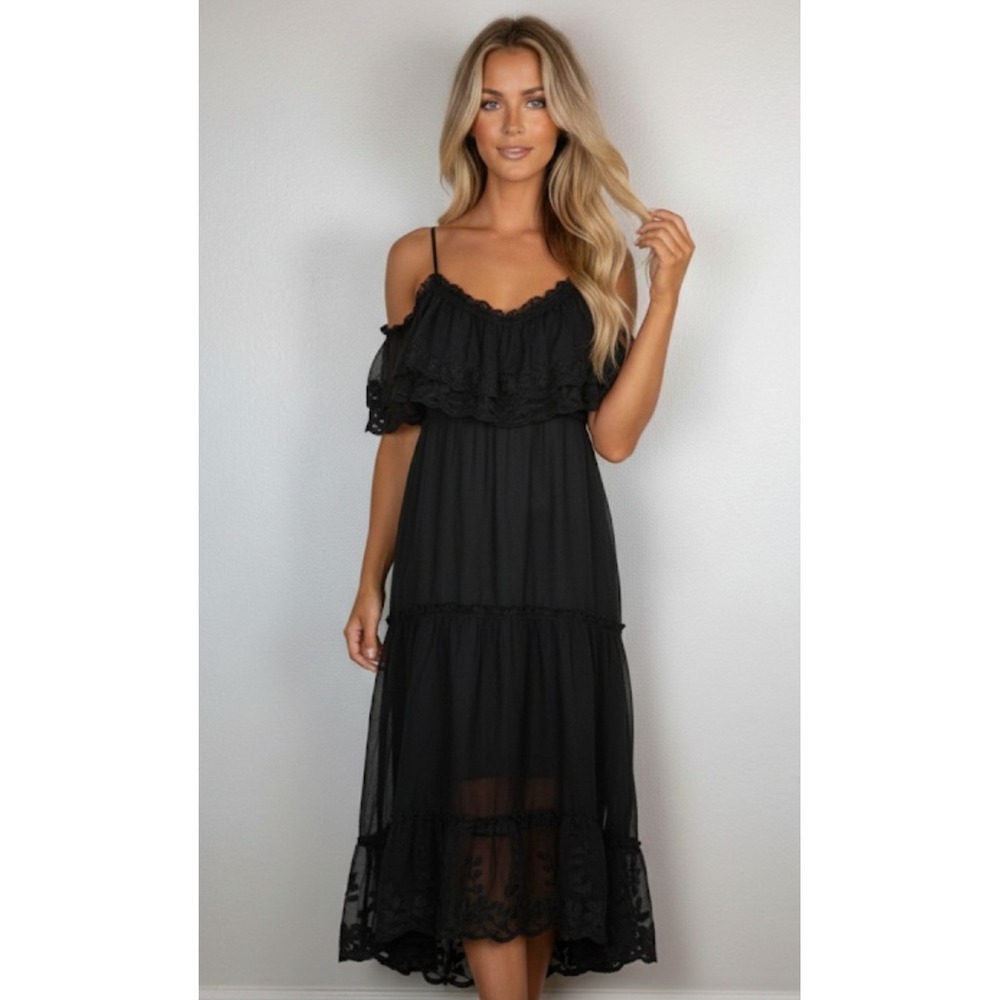 NWT $305 Stellah Embroidered Trim Midi Black M‎ Dress Women's Neiman Marcus 360